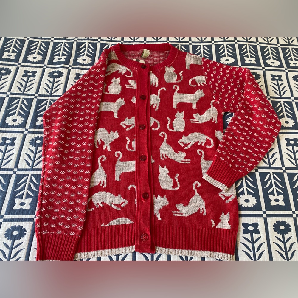 Playful Cat Pattern Red Cardigan